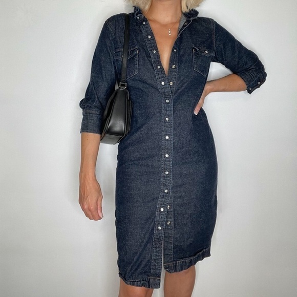 Vintage Dresses & Skirts - 💫 Denim Dark Wash Long Sleeve Shirt Snap Button Down Midi Jean Dress